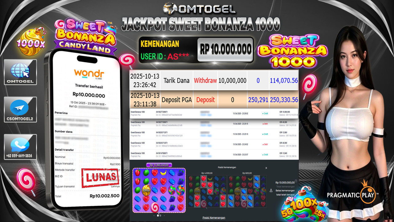 OMTOGEL JACKPOT PRAGMATIC PLAY SWEET BONANZA 1000 10 JUTA DI BAYAR LUNAS ,-