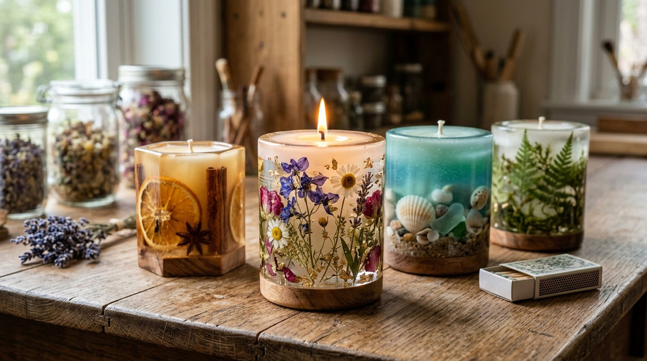 Декоративные свечи ручной работы с цветами, фруктами и ракушками внутри прозрачного воска