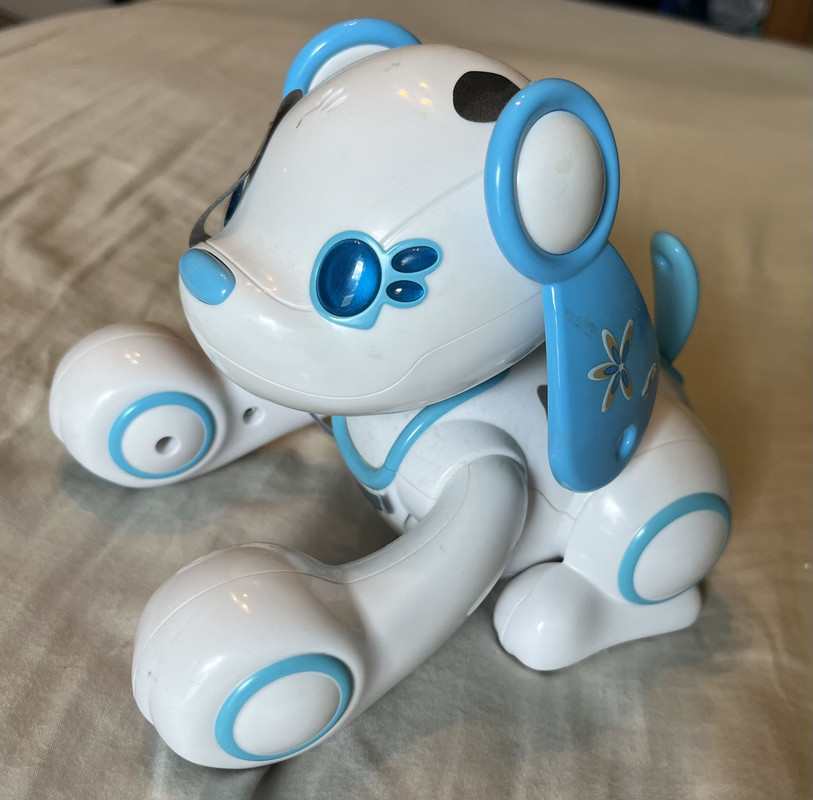 A white and blug robot dog toy