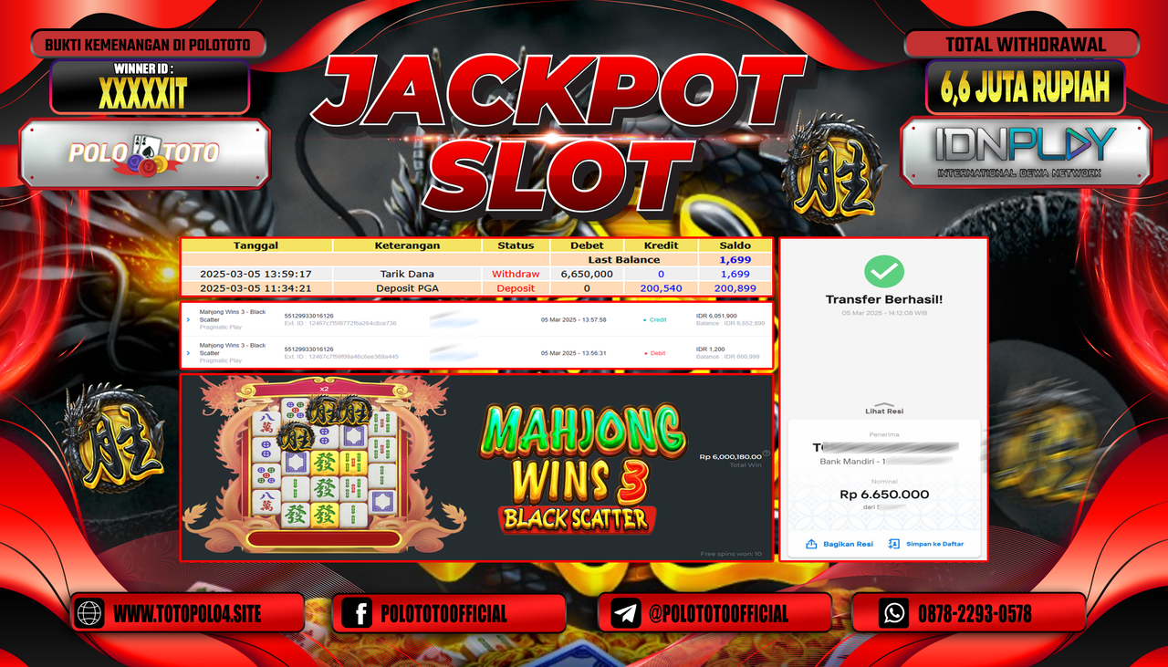 POLOTOTO JACKPOT SLOT MAHJONG WINS 3 BLACK SCATTER Rp.6.650.000,-