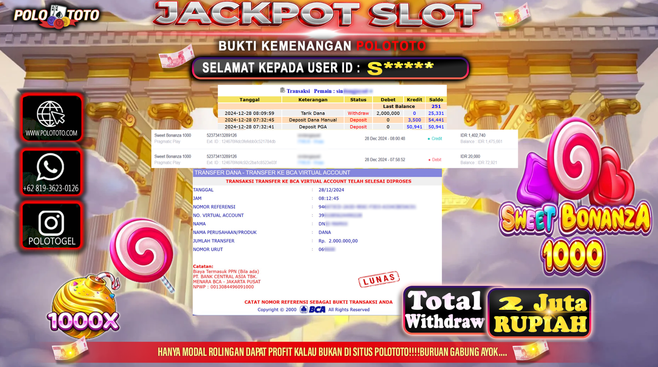 POLOTOTO JACKPOT SLOT SWEET BONANZA 1000 Rp.2,000.000,-