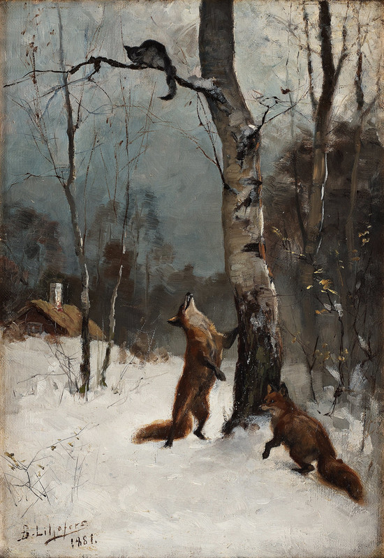 Bruno-Liljefors-R-var-och-katt-vinterlandskap-1881