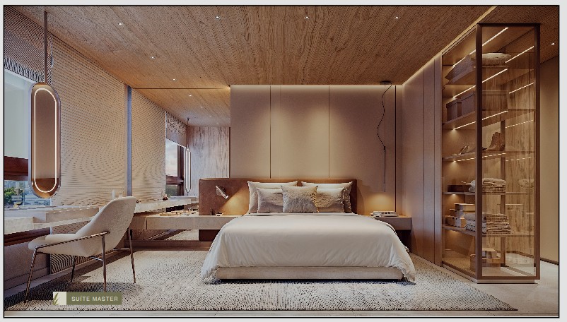 Suíte master espaçosa do Villa Ninita com acabamento premium e iluminação natural