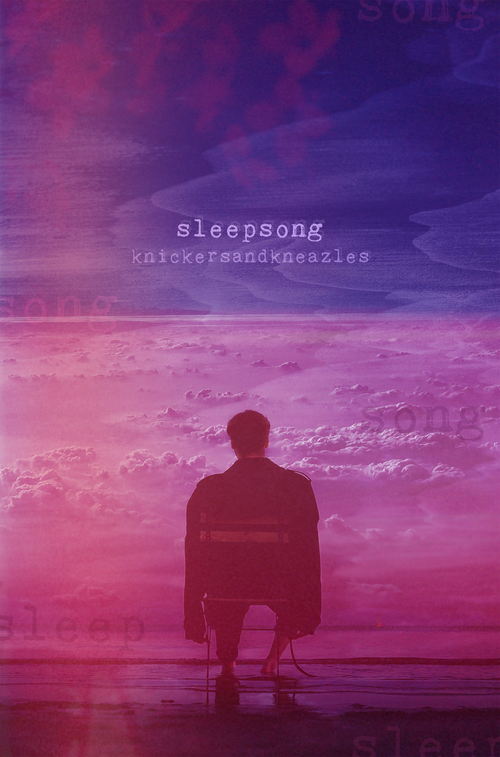 Epub cover image for Sleepsong by knickersandkneazles. The image depicts a man sitting in a chair. In front of him is a surreal vista of clouds and textures and water in vivid purples and pinks. 