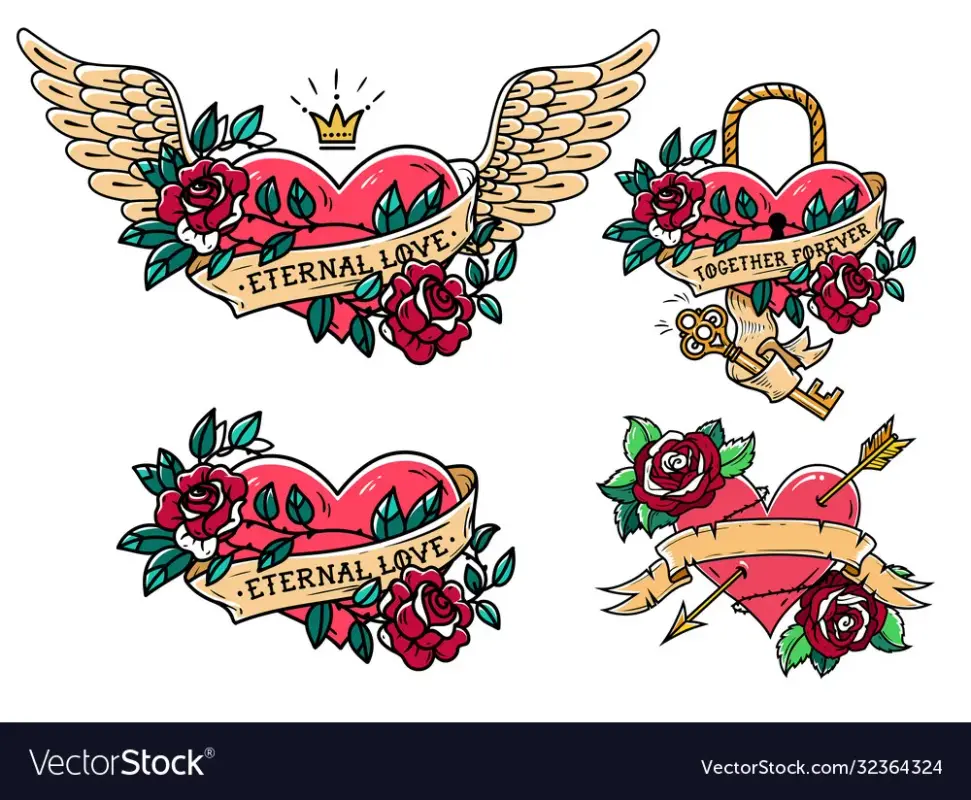 set-heart-tattoos-with-roses-and-ribbons-vector-32364324