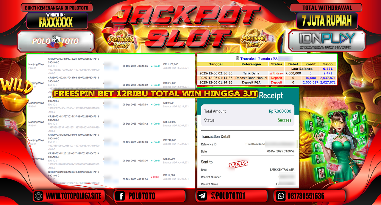 POLOTOTO JACKPOT SLOT MAHJONG WAYS Rp.7.000.000,- LUNAS