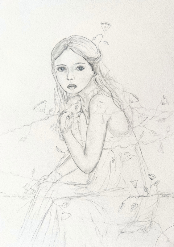Graphite drawing of a seated girl surrounded by bindweed flowers