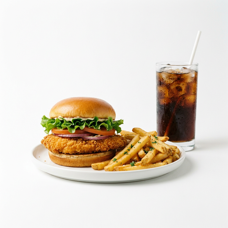 Hamburguesa De Pollo + Bebida + Patatas Fritas