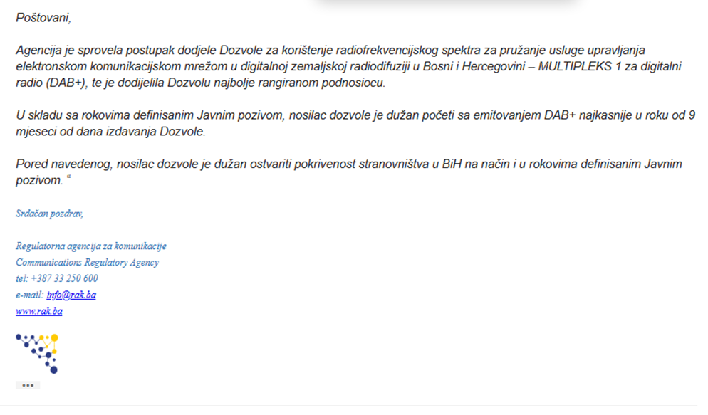 Dodjela dozvole za DAB BiH