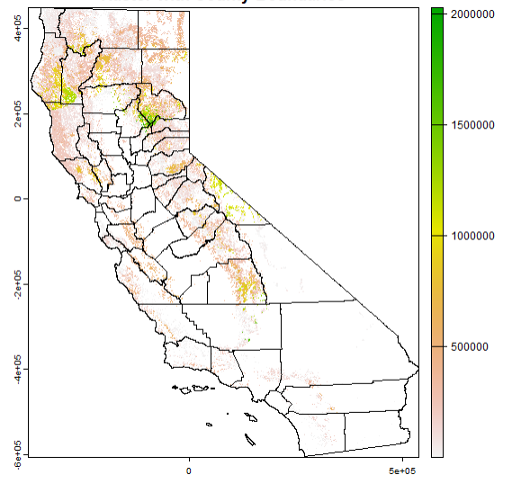 Map of California showing statewide biomass density from the source raster, overlaid with county boundaries, with concentration highest in the northern Sierra Nevada and Klamath Mountains