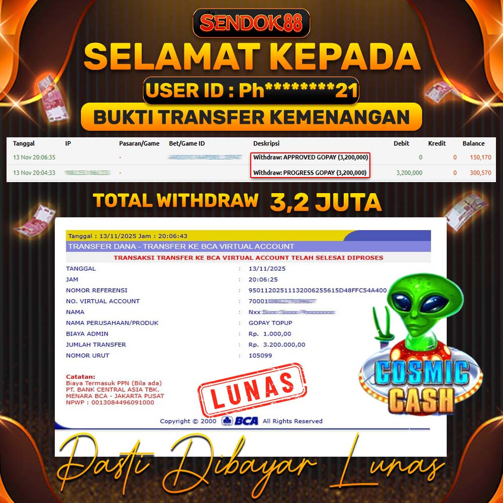 SENDOK88 JEPE! COSMIC CASH Rp 3.200.000,- LUNAS!