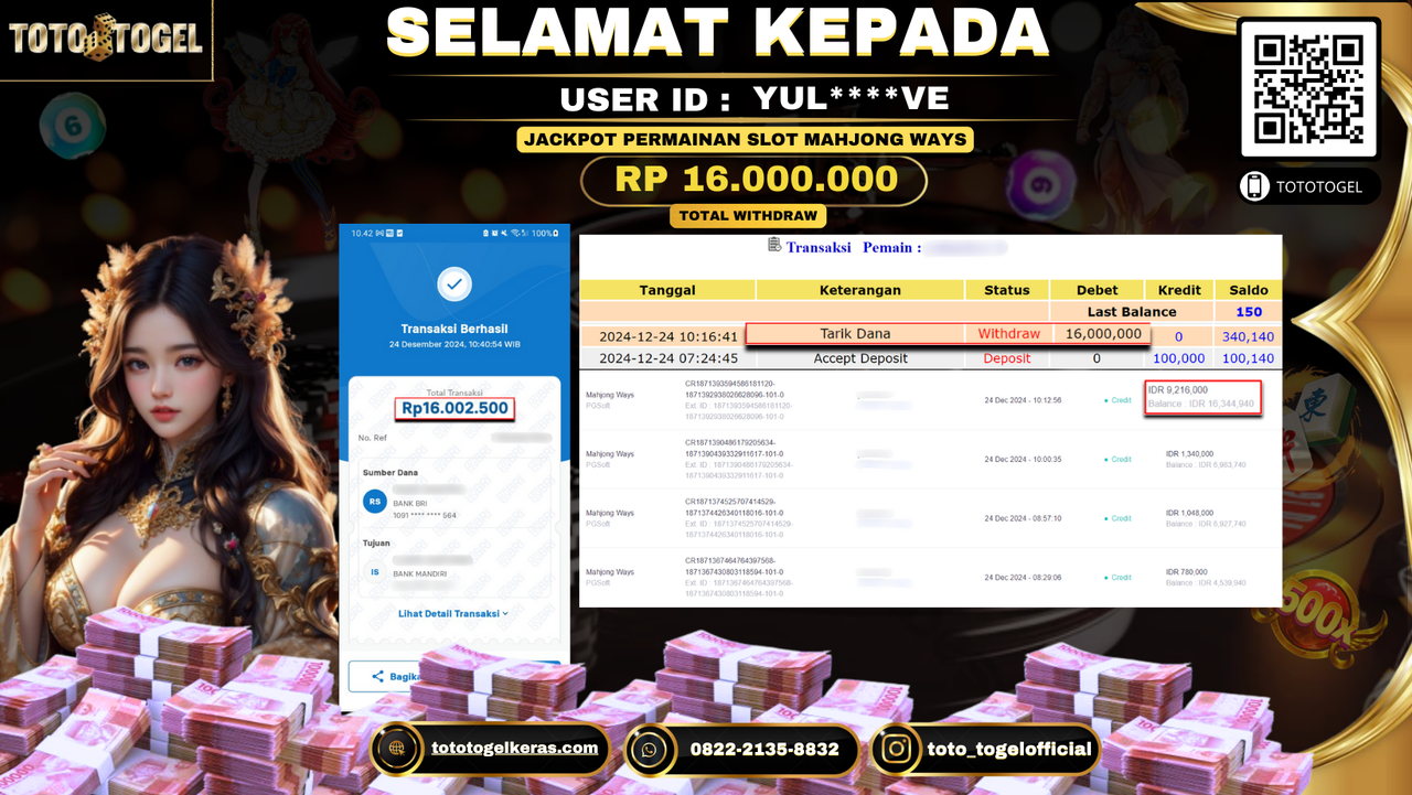 Bukti Pembayaran Jackpot  Permainan Slot Mahjong Ways : YUL****VE LUNAS