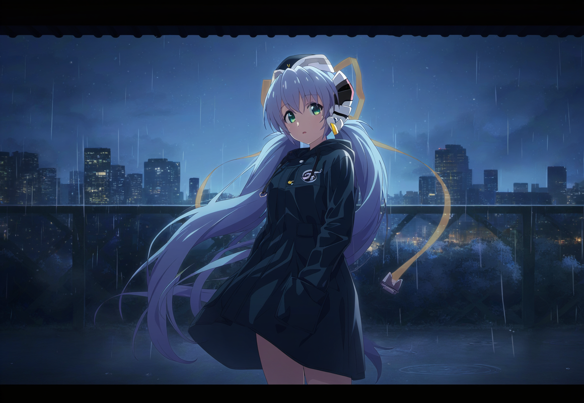 1girl, Hoshino Yumemi (planetarian), shiny skin, glowing hair, Raincoat, Rainy R s-1430282130