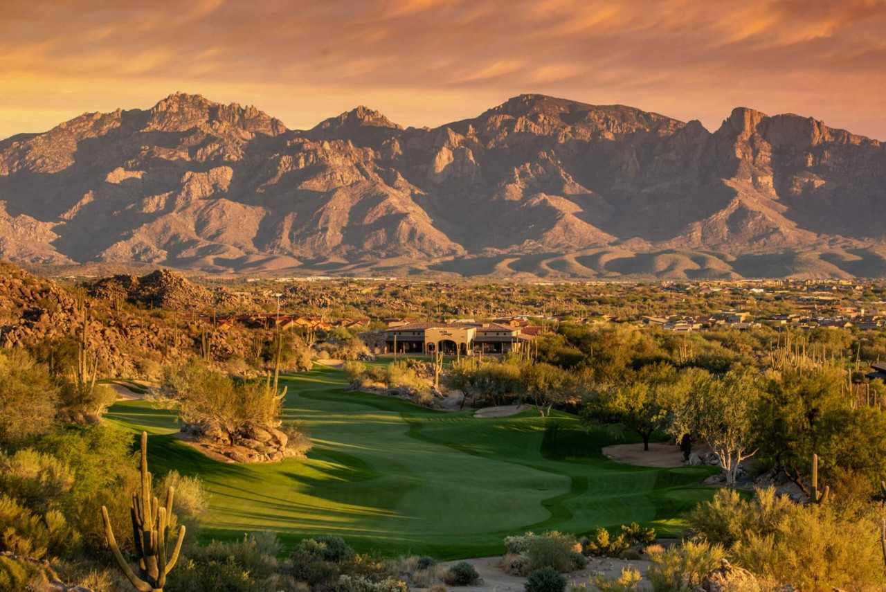 Oro Valley golf course beneath the Santa Catalina Mountains at sunset
