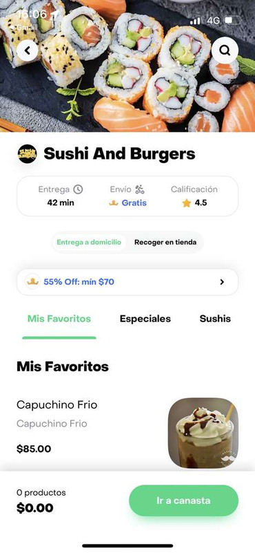 Sushi and burger 55% (rappi-Prime) 
