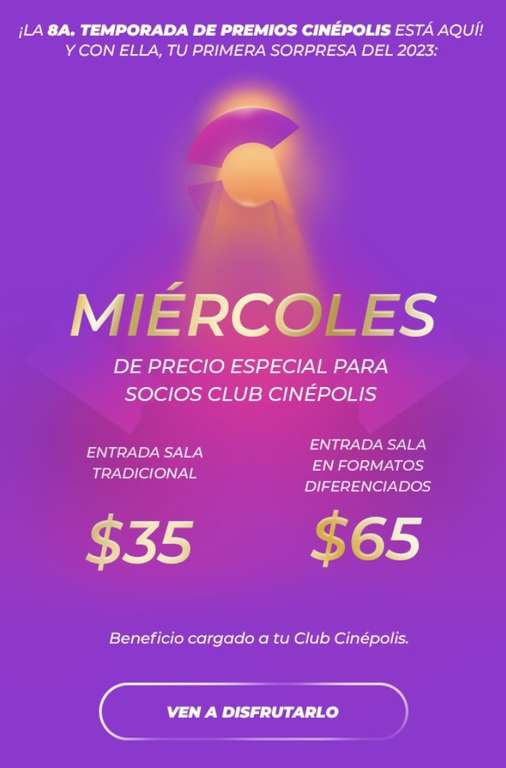 Cinépolis: Entradas a $35 o $25 los miércoles para socios Club Cinépolis 
