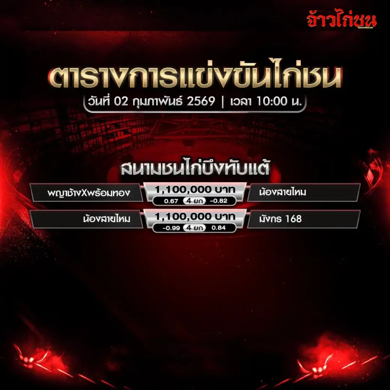 ตารางการแข่งขันไก่ชน สนามชนไก่บึงทับแต้ วันที่ 2 กุมภาพันธ์ 2569 เวลา 10:00 น. โปรแกรมชนเงินล้าน 4 ยก