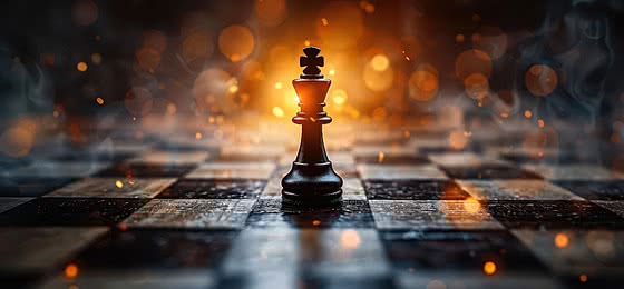 A dramatic chess scene featuring a black king piece illuminated by warm light.