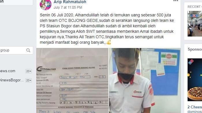 Sebuah kisah tengah viral di Facebook di mana seorang petugas kebersihan KRL Stasiun Bojonggede menemukan plastik berisi uang Rp 500 juta.