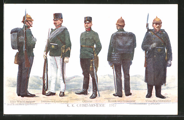 AK-Polizei-KK-Gendarmerie-1917-Offizier-Vizewachtmeister-komplett-geruestet-und-Bezirkswachtmeister