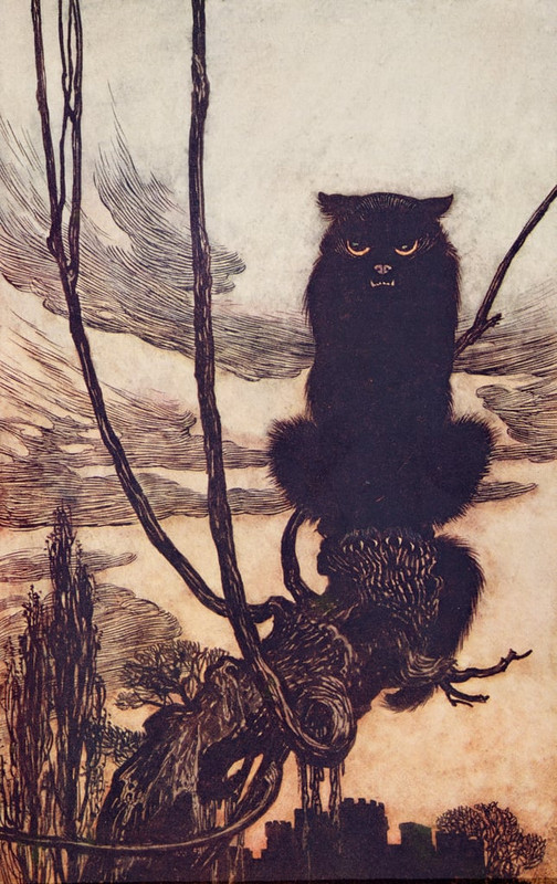91-Arthur-Rackham-By-day-she-made-herself-into-a-cat-from-The-Fairy-Tales-of-the-Brothers-Grimm-p