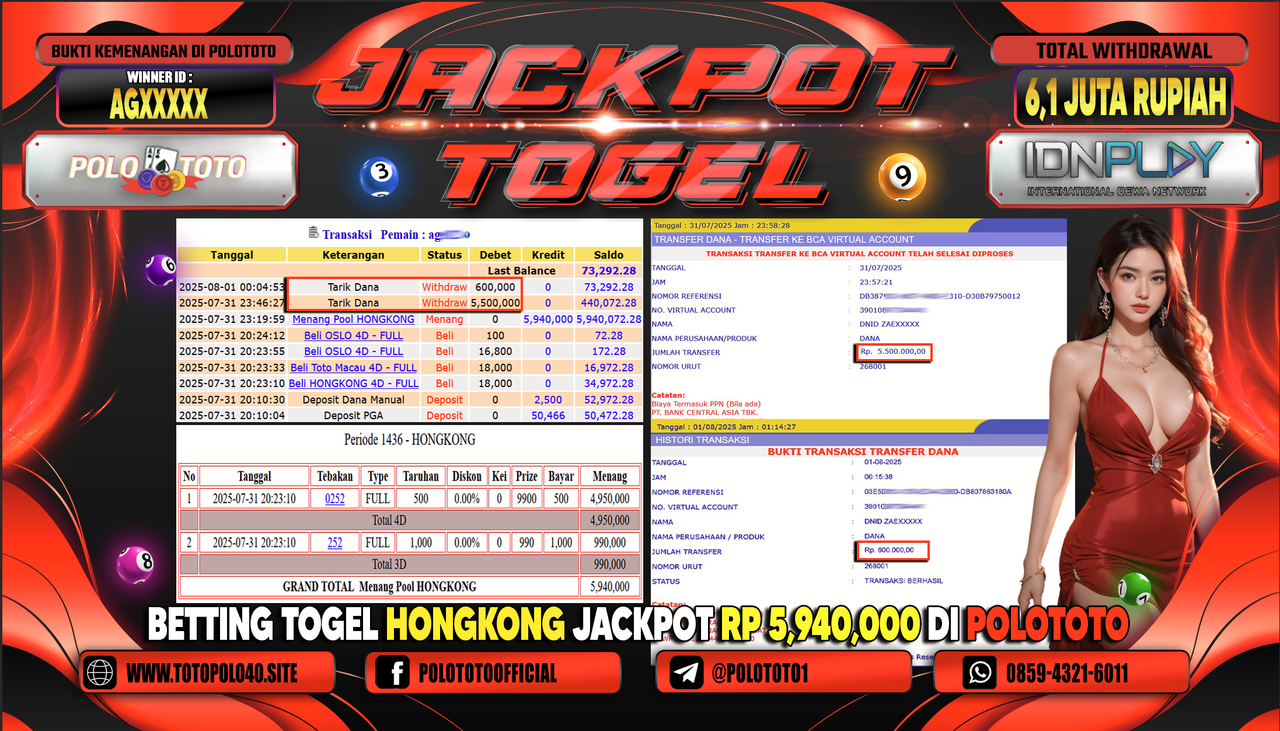 POLOTOTO JACKPOT TOGEL HONGKONG LOTTO Rp.6.100.000,- LUNAS