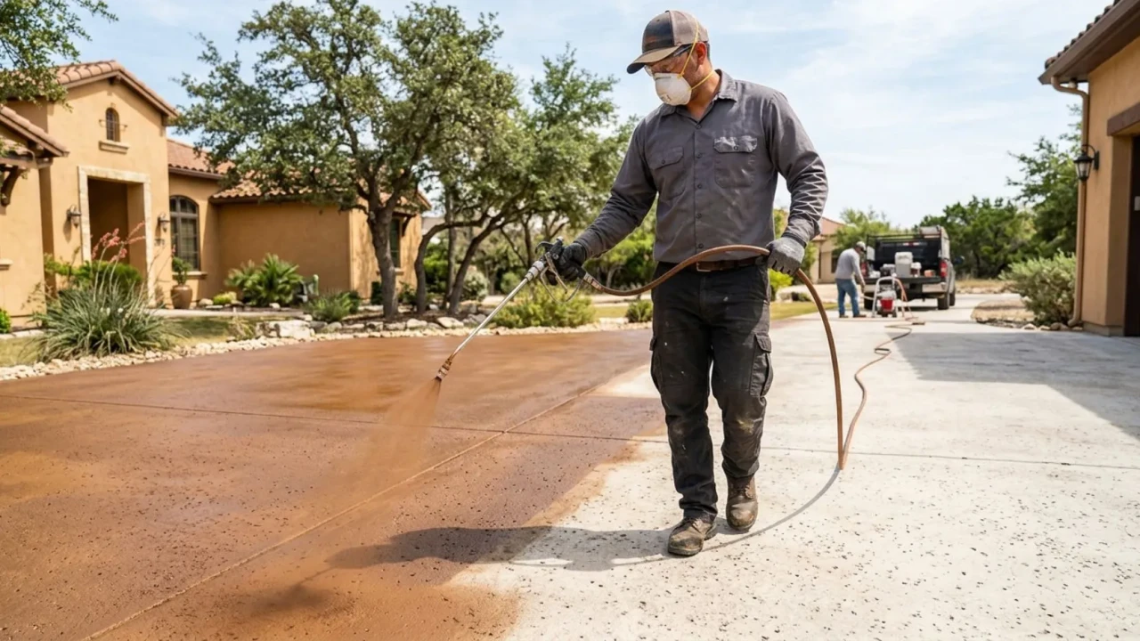 Contractor applying concrete stain with a sprayer during a San Antonio project