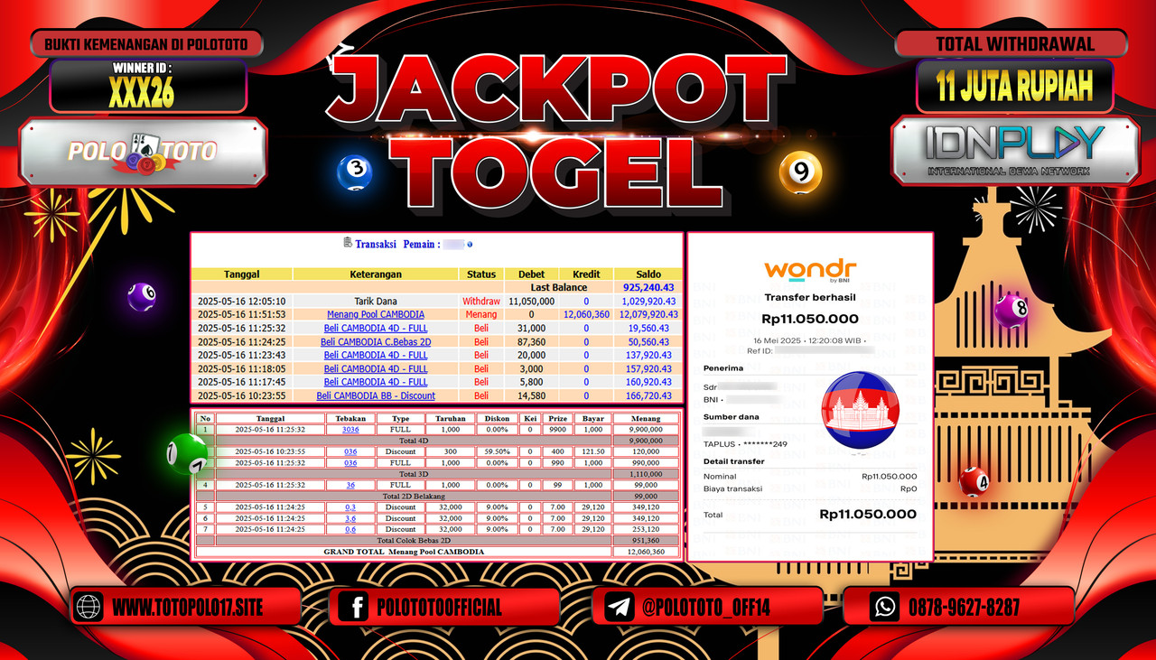 POLOTOTO JACKPOT TOGEL CAMBODIA POOLS Rp.11.050.000,-