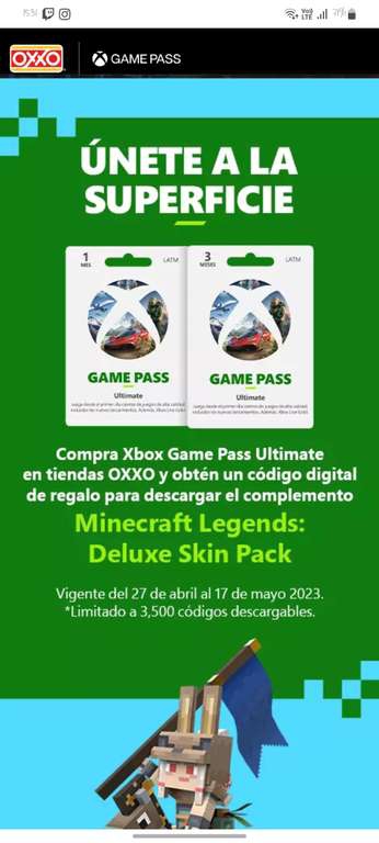 En la compra de Xbox game pass, GRATIS complemento minecraft legends deluxe skin pack 
