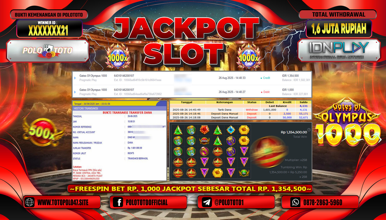 POLOTOTO JACKPOT SLOT GATES OF OLYMPUS 1000 Rp.1.600.000,- LUNAS