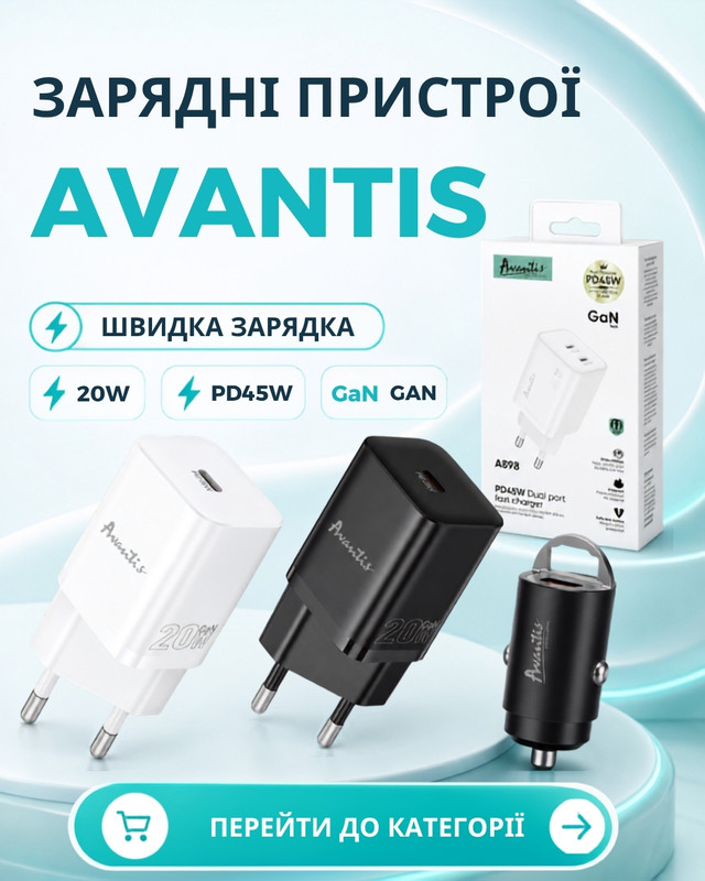 Зарядні пристрої Avantis — швидка зарядка 20W, PD45W, GaN