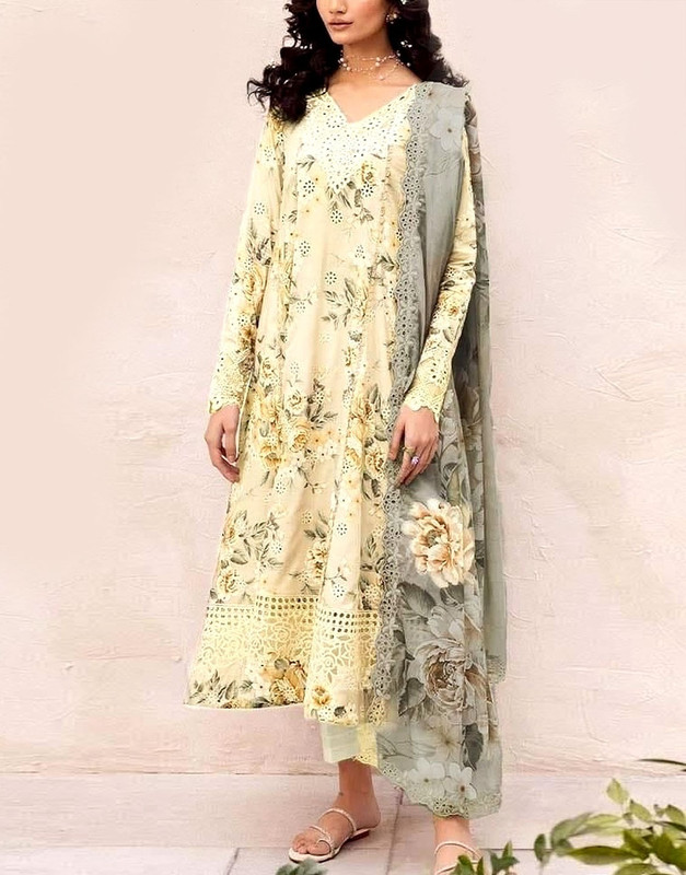 All-Over Print Schiffli Embroidered Lawn Dress 2026 with Chiffon Dupatta