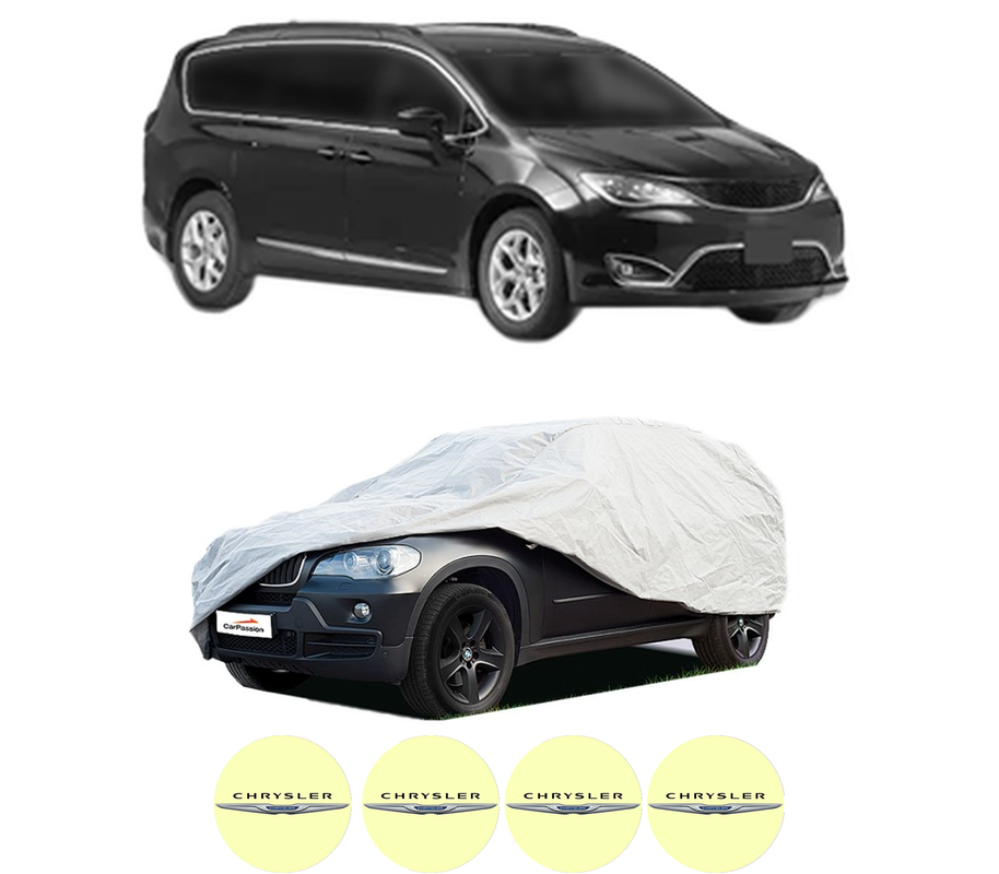 Husa tip prelata auto pentru CHRYSLER PACIFICA (RU) din 2017-2020, Culoare Gri, material textil impermeabil, rezistanta la intemperii praf UV, CARPASSION Husa Protectie, 4 Stickere auto cu CHRYSLER
