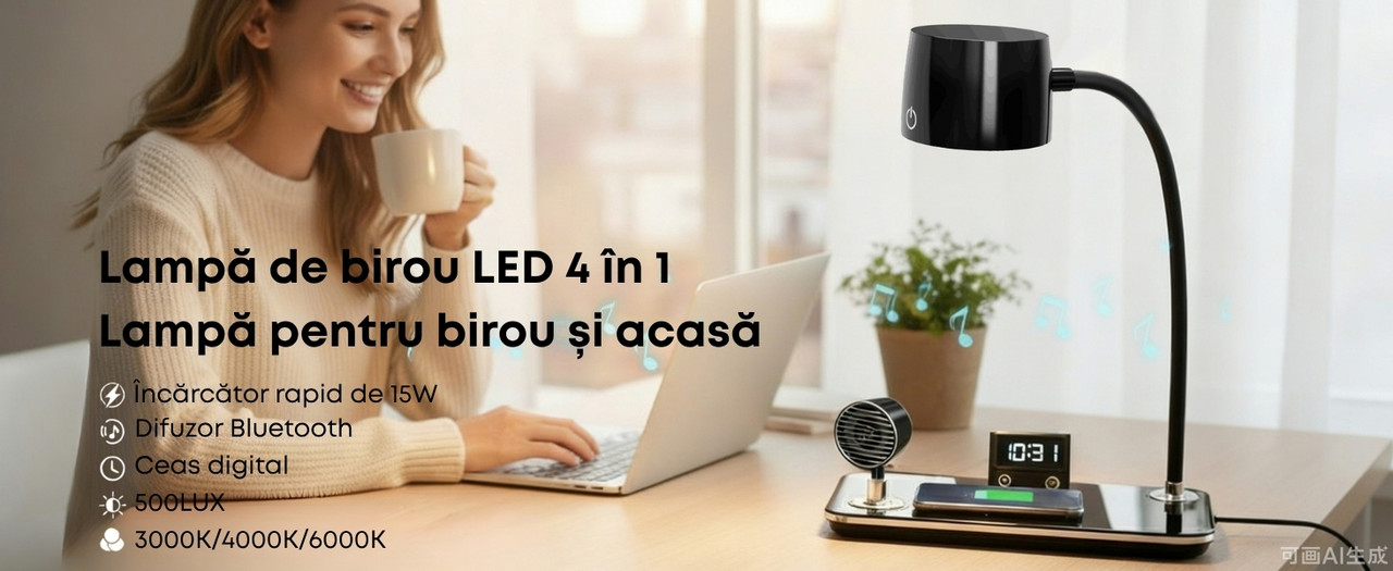 Lampa de birou LED 4 in 1 cu incarcator wireless 15W si ceas MOWO 1772B