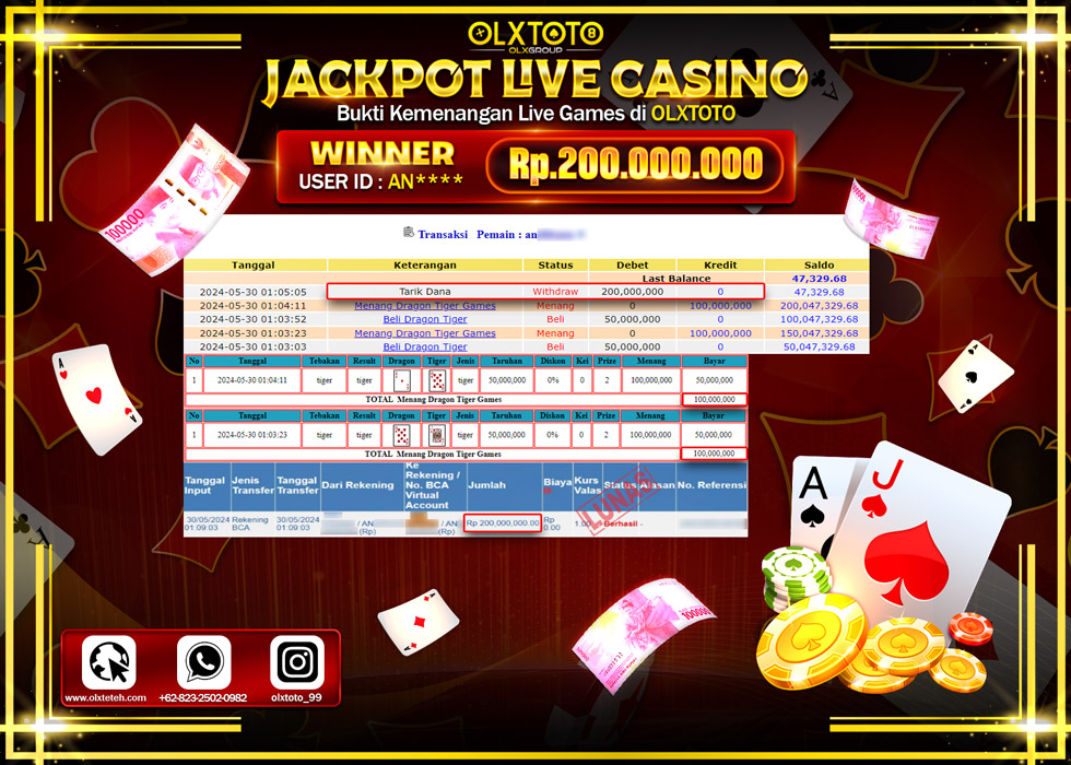 OLXTOTO JACKPOT LIVE GAMES DRAGON TIGER GAMES  Rp.200.000.000.,- LUNAS