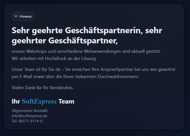 SoftExpress Meldung zu Problemen