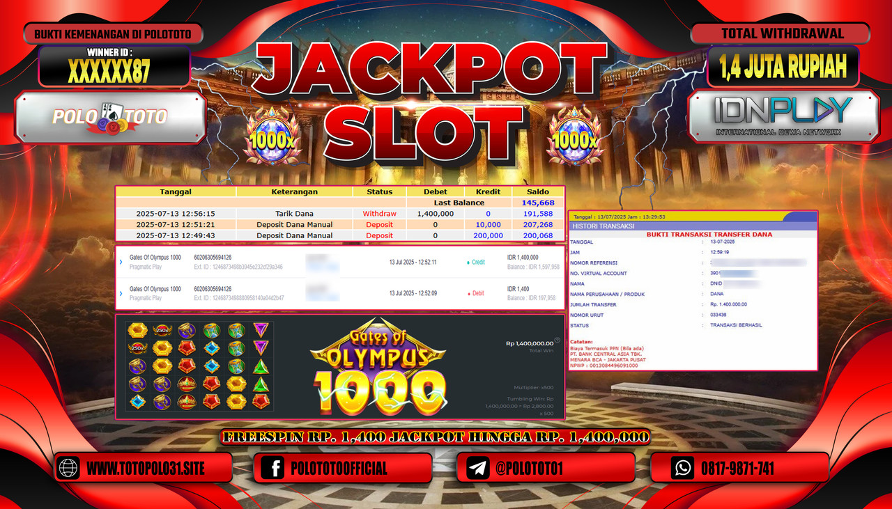 POLOTOTO JACKPOT SLOT GATES OF OLYMPUS 1000 Rp.1.400.000,- LUNAS