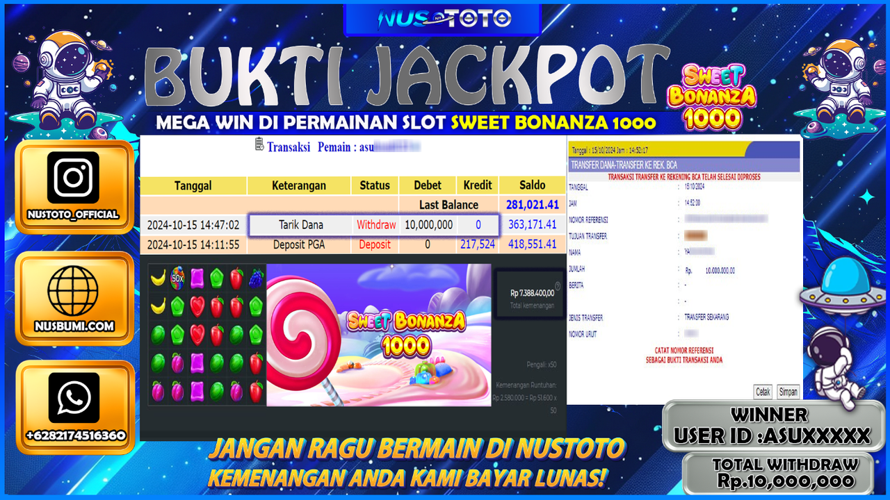 JACKPOT !! MENANG BESAR DI SLOT SWEET BONANZA  1000 Rp. 10.000.000 LANGSUNG DI BAYAR LUNAS NUSTOTO !!