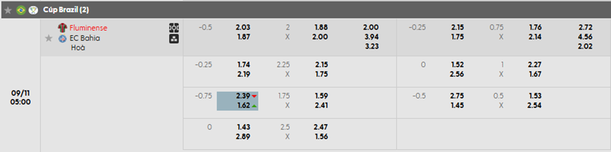 Tỷ lệ kèo châu Á Fluminense vs Bahia