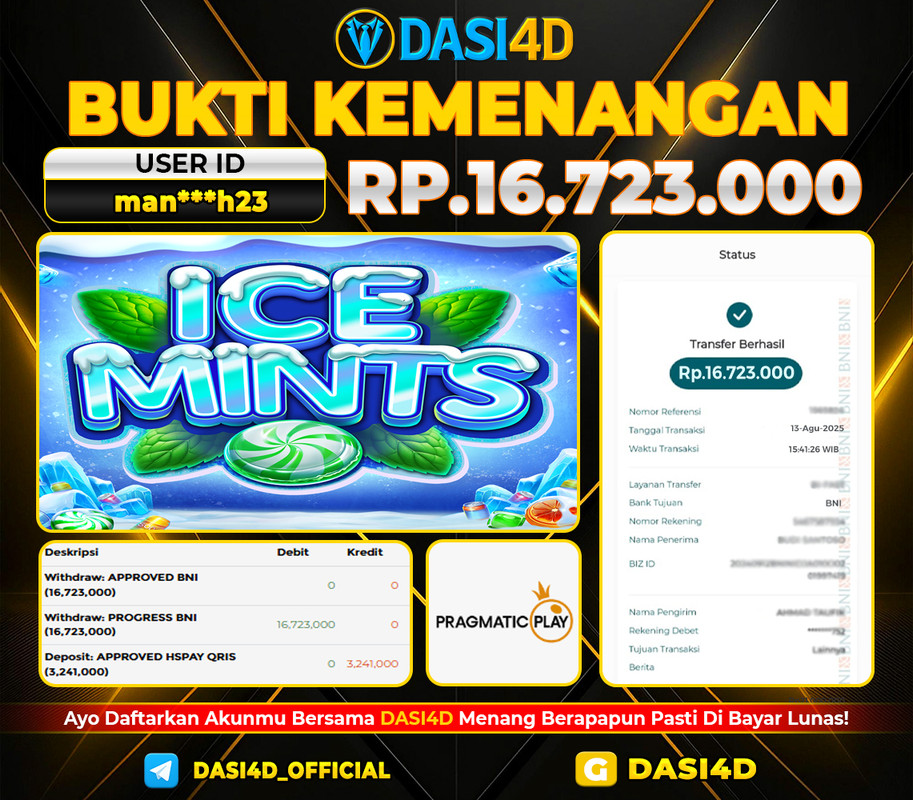 BUKTI KEMENANGAN 13 AGUSTUS 2025 DI ICE MINTS WD 16.723.000