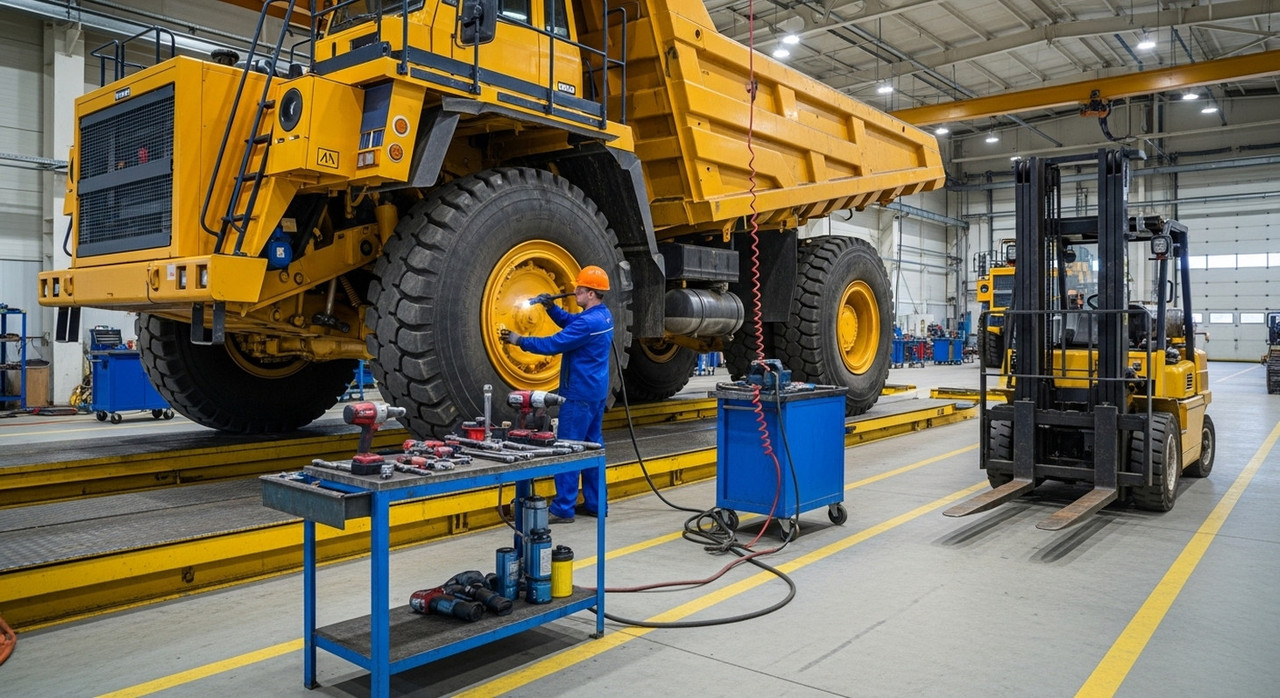 Обслуживание самосвала в ремонтной зоне при проверке ходовой части и тормозной системы, практика комплексного ТО