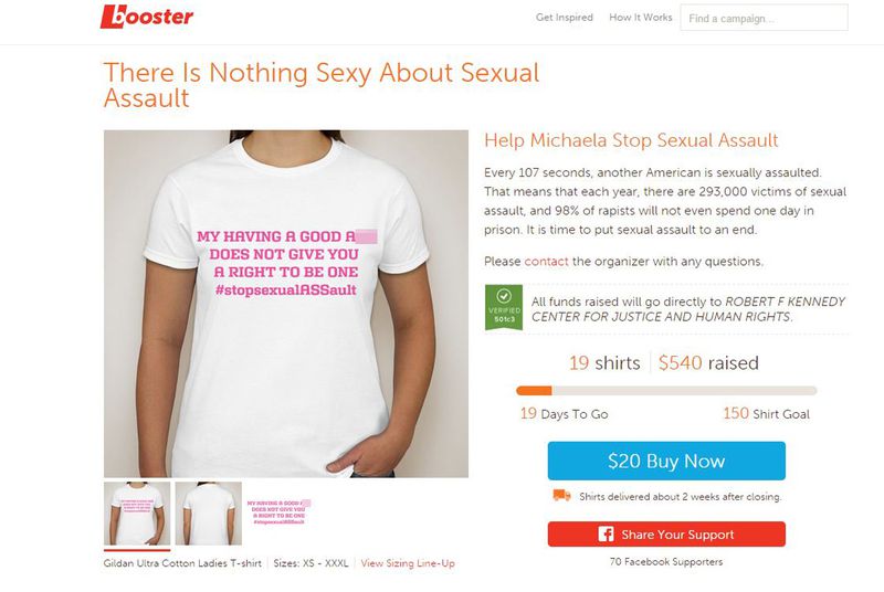 Michaela selling shirts on booster.com for awareness.  Pic:booster.com