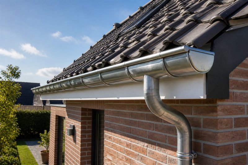 Nieuwe zinken dakgoot wordt geplaatst langs een dakrand