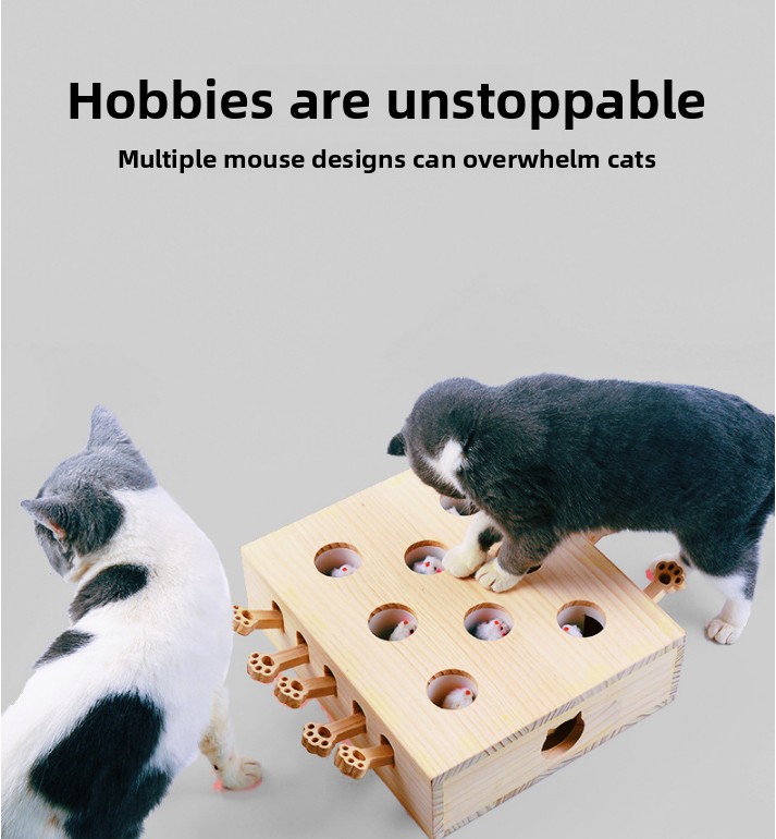 Interactive Wooden Cat Toy Whack-A-Mole Box - Solid Pine Puzzle Game with Pop-Up Plush Mice - Mental Enrichment & Bonding for Indoor Cats