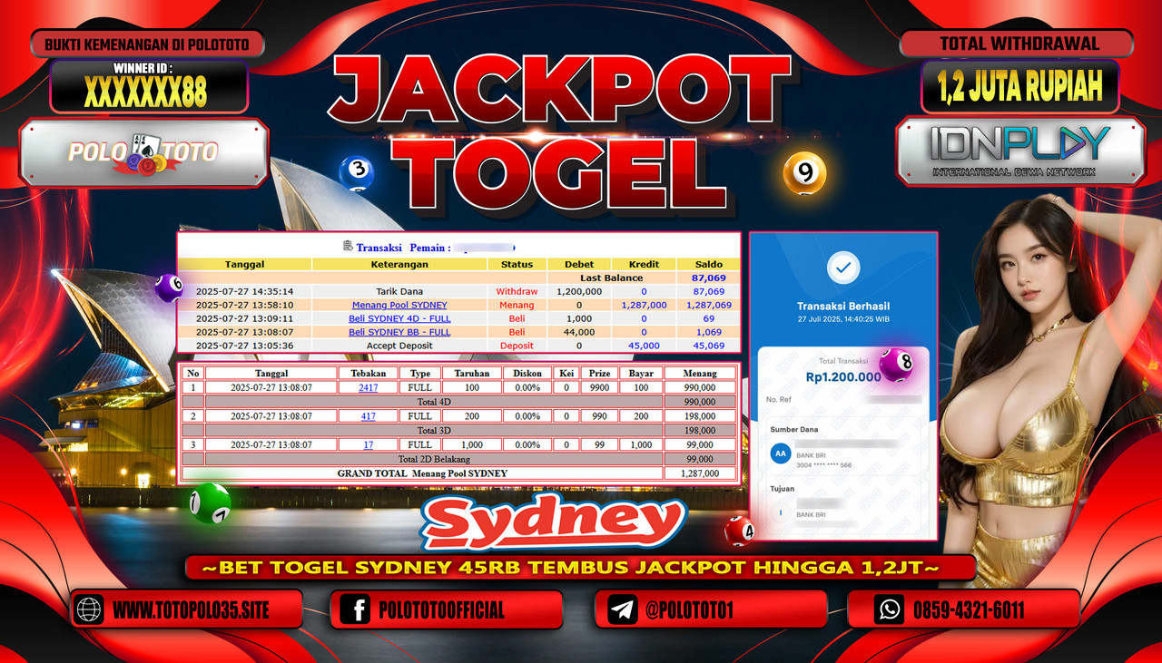 POLOTOTO JACKPOT TOGEL POOL SYDNEY Rp.1.200.000,- LUNAS