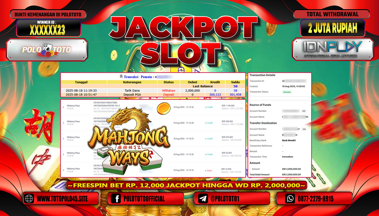 POLOTOTO JACKPOT SLOT MAHJONG WAYS Rp.2.000.000,- LUNAS