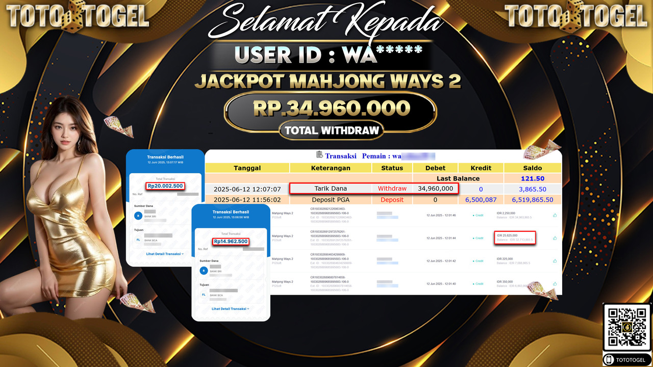 Bukti Pembayaran Jackpot Permainan Slot Mahjong Ways 2 ID:WA***** LUNAS