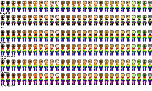 a row of people with pride flag shirts and darker gray hair