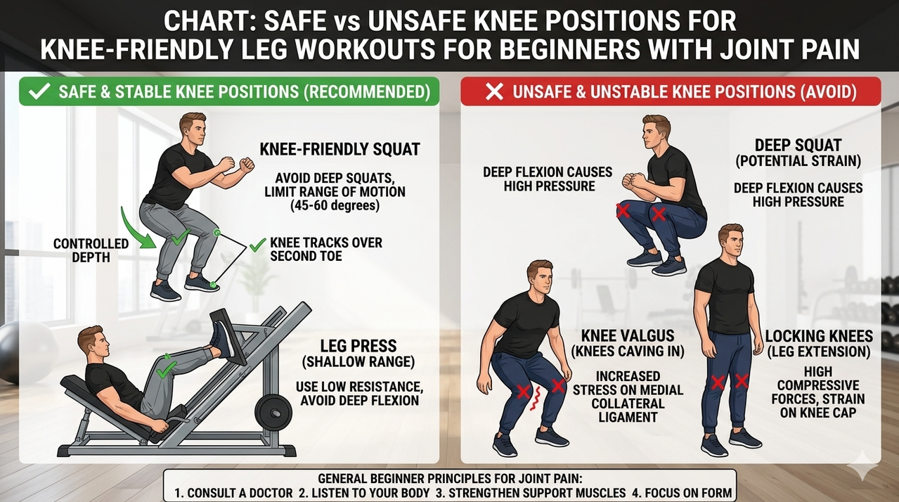Chart showing safe vs unsafe knee angles and positions for knee-friendly leg workouts for beginners with joint pain
