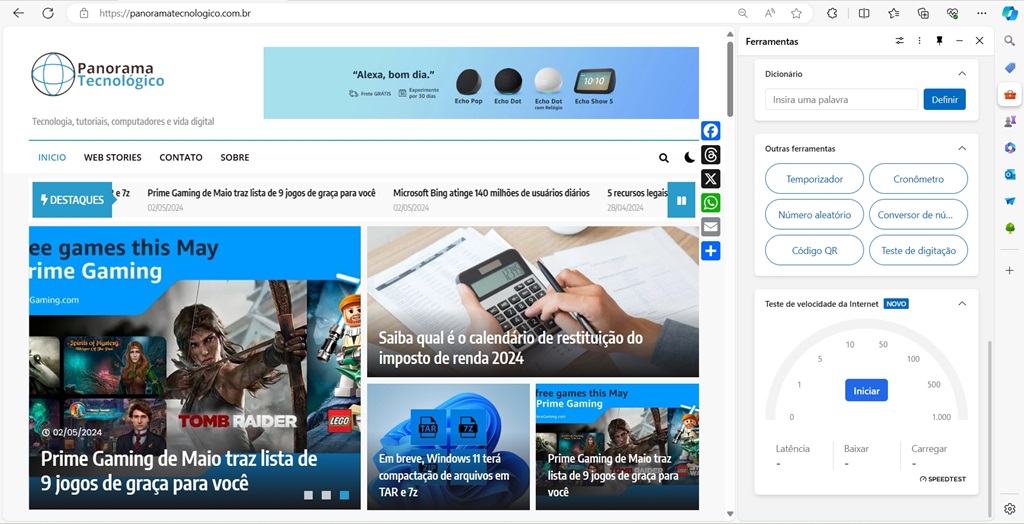 Widget de teste de velocidade no Microsoft Edge. Imagem: reprodução